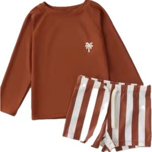 New boy’s Swim Set in Brown and White Stripes 2-3T